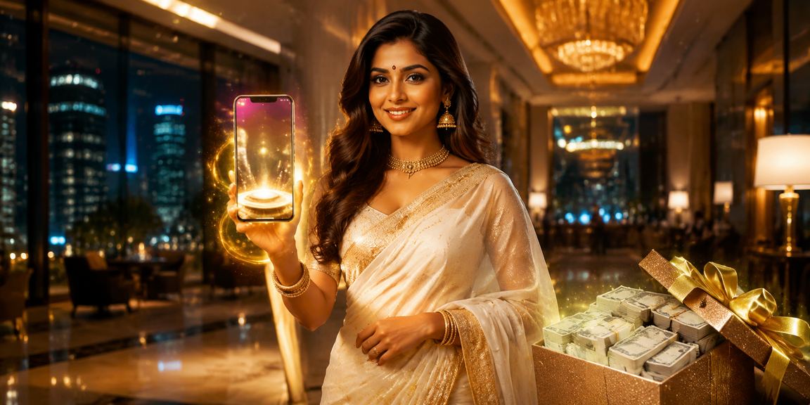 Lady playing Rummy on mobile in traditional saree