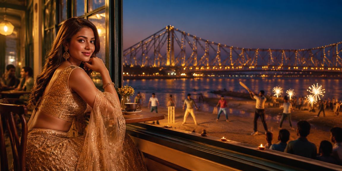 Young Indian woman dressed in lehenga betting on cricket from Kolkata