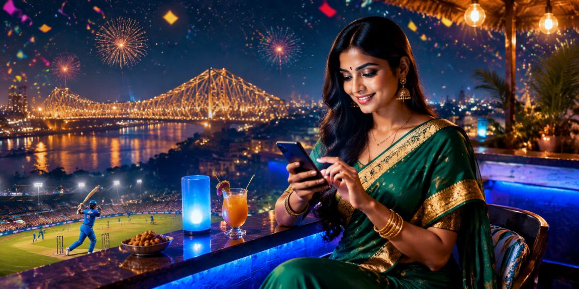 Kolkata Howrah Bridge with cricket betting and saree cultural elements